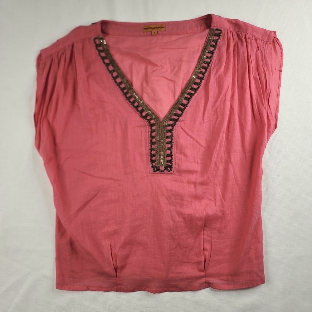 Roberta Freymann Boho Beaded Shirt Coral Pink Summer Resortwear Top Small